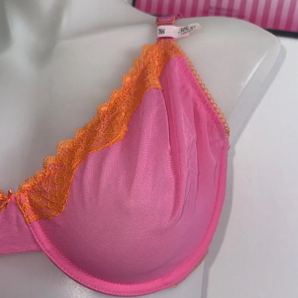 Victoria's Secret Pink and Orange Lace Bra Sz 38DD NWT